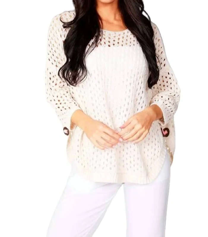 Plus Size Women's Long Sleeve Cable Knit Sweater DressesAimee Wooden Button Poncho In Beige Plus Size Women's Long Sleeve Cable Knit Sweater DressesAimee Wooden Button Poncho In Beige