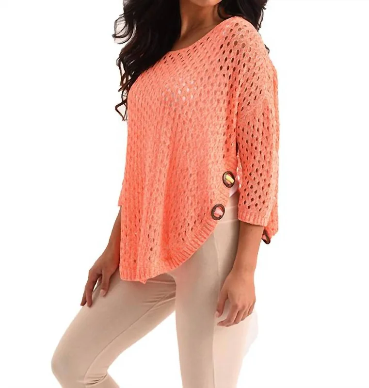Plus Size Women's Long Sleeve Cable Knit Sweater DressesAimee Wooden Button Poncho In Melon Plus Size Women's Long Sleeve Cable Knit Sweater DressesAimee Wooden Button Poncho In Melon