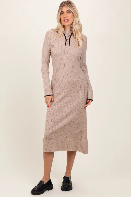 Short Sleeve Women's Cashmere Sweater Dresses in Pastel HuesBeige Ribbed Contrast Trim Polo Midi Sweater Dress Short Sleeve Women's Cashmere Sweater Dresses in Pastel HuesBeige Ribbed Contrast Trim Polo Midi Sweater Dress