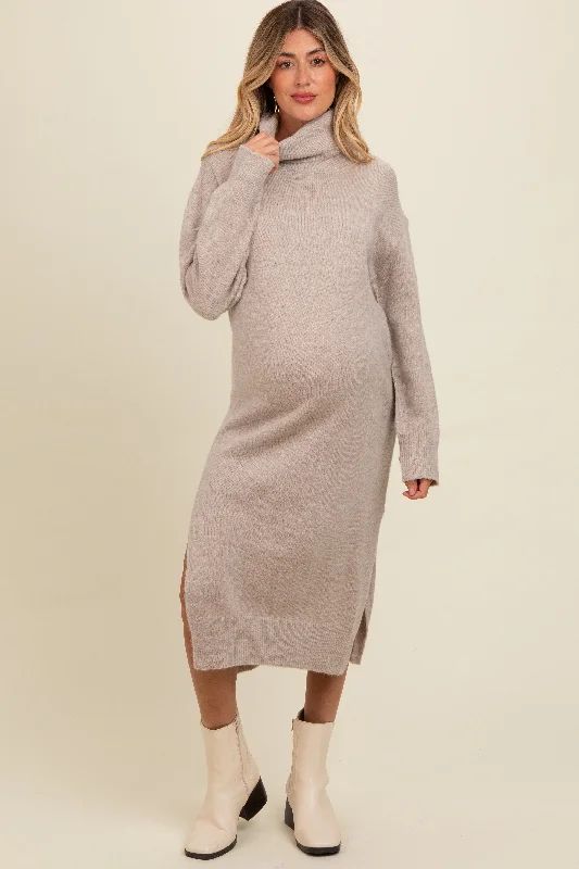 Midi - Length Women's Shetland Wool Sweater Dresses in Traditional PatternsBeige Turtleneck Side Slit Knit Maternity Midi Sweater Dress Midi - Length Women's Shetland Wool Sweater Dresses in Traditional PatternsBeige Turtleneck Side Slit Knit Maternity Midi Sweater Dress