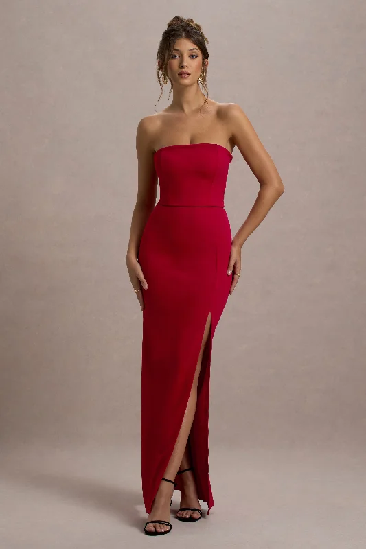 Strapless Women Dress with a Built - in Bra for Comfort and SupportBelle of The Ball | Red Bandeau Maxi Dress With Split Hem Strapless Women Dress with a Built - in Bra for Comfort and SupportBelle of The Ball | Red Bandeau Maxi Dress With Split Hem