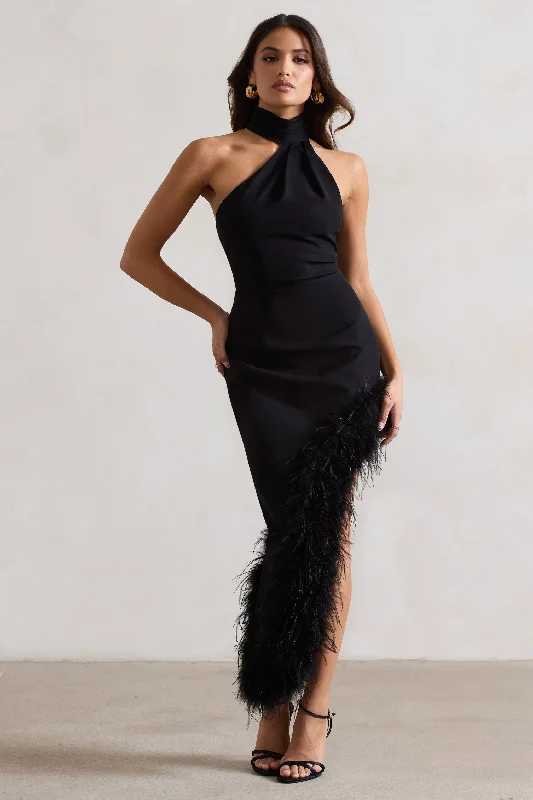Backless Women Dress for a Sexy and Alluring Look at Evening EventsBrilliance | Black Asymmetric Maxi Dress With Feather Trim Backless Women Dress for a Sexy and Alluring Look at Evening EventsBrilliance | Black Asymmetric Maxi Dress With Feather Trim