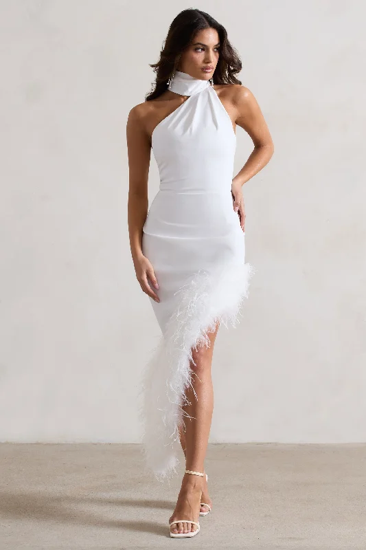 Plus Size Women Dress with a Flattering A - Line Cut for Comfort and StyleBrilliance | White Asymmetric Maxi Dress With Feather Trim Plus Size Women Dress with a Flattering A - Line Cut for Comfort and StyleBrilliance | White Asymmetric Maxi Dress With Feather Trim