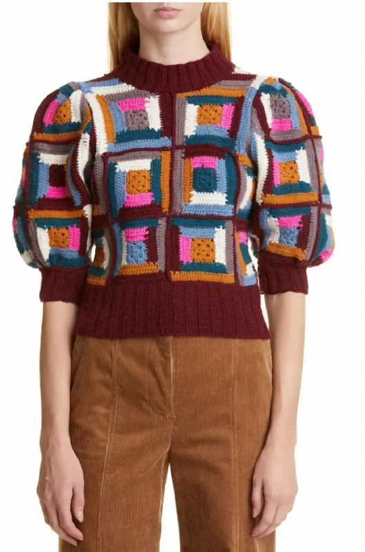 A - Line Women's Merino Wool Sweater Dresses in Classic StylesCamryn Crochet Puff Sleeves Sweater in Multi A - Line Women's Merino Wool Sweater Dresses in Classic StylesCamryn Crochet Puff Sleeves Sweater in Multi