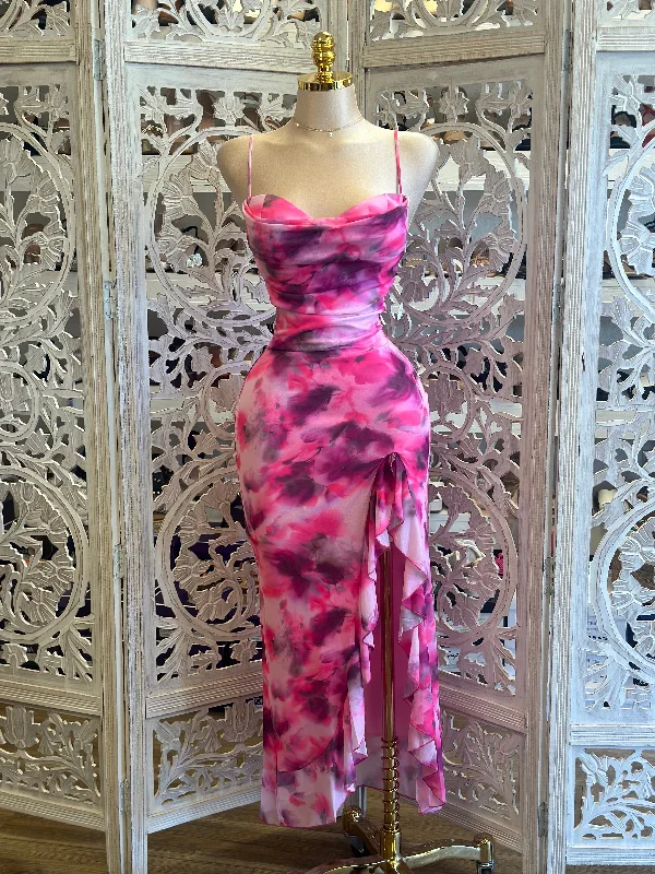 Mermaid - Style Women Dress with a Fitted Silhouette for Special OccasionsCowl Neck Pink Pattern Ruffle Dress - Stretchy, Estira Mermaid - Style Women Dress with a Fitted Silhouette for Special OccasionsCowl Neck Pink Pattern Ruffle Dress - Stretchy, Estira