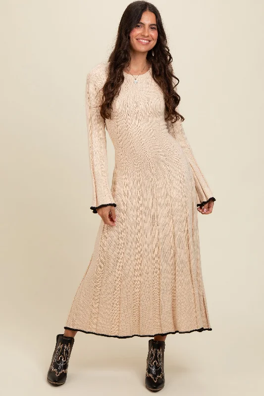 Plus Size Women's Fit - and - Flare Sweater Dresses with Ruffled HemCream Sweater Knit Bell Sleeve Back Cutout Maxi Dress Plus Size Women's Fit - and - Flare Sweater Dresses with Ruffled HemCream Sweater Knit Bell Sleeve Back Cutout Maxi Dress