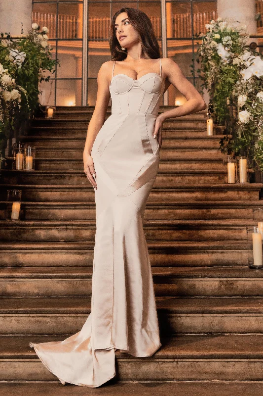 Mermaid - Style Women Dress with a Fitted Silhouette for Special OccasionsCustom | Champagne Satin Sweetheart Corset Fishtail Maxi Dress Mermaid - Style Women Dress with a Fitted Silhouette for Special OccasionsCustom | Champagne Satin Sweetheart Corset Fishtail Maxi Dress