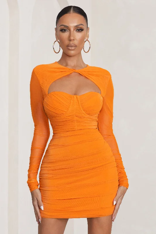 Empire Waist Women Dress to Accentuate the Bust and Conceal the WaistDaiquiri | Orange Cut Out Ruched Mesh Mini Dress With Long Sleeves Empire Waist Women Dress to Accentuate the Bust and Conceal the WaistDaiquiri | Orange Cut Out Ruched Mesh Mini Dress With Long Sleeves