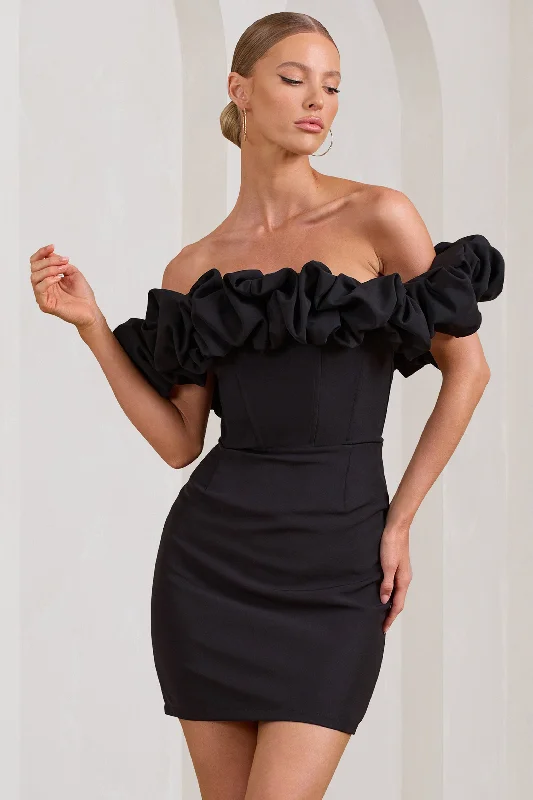 Ball Gown Women Dress with a Full Skirt for a Princess - like LookDawn | Black Ruffled Bardot Mini Dress Ball Gown Women Dress with a Full Skirt for a Princess - like LookDawn | Black Ruffled Bardot Mini Dress