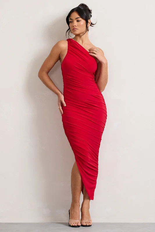 Empire Waist Women Dress to Accentuate the Bust and Conceal the WaistDorit | Red One Shoulder Asymmetric Ruched Midi Dress Empire Waist Women Dress to Accentuate the Bust and Conceal the WaistDorit | Red One Shoulder Asymmetric Ruched Midi Dress
