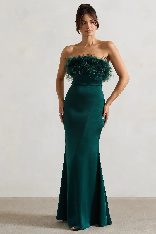 Shift Women Dress with a Simple and Classic Design for Everyday WearDress For It | Bottle Green Satin Feather Trim Maxi Dress Shift Women Dress with a Simple and Classic Design for Everyday WearDress For It | Bottle Green Satin Feather Trim Maxi Dress