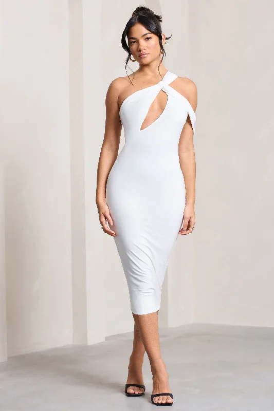 Lace - Embellished Women Dress for an Elegant and Sophisticated AppearanceElla | White Asymmetric Neck Cut Out Midi Dress Lace - Embellished Women Dress for an Elegant and Sophisticated AppearanceElla | White Asymmetric Neck Cut Out Midi Dress