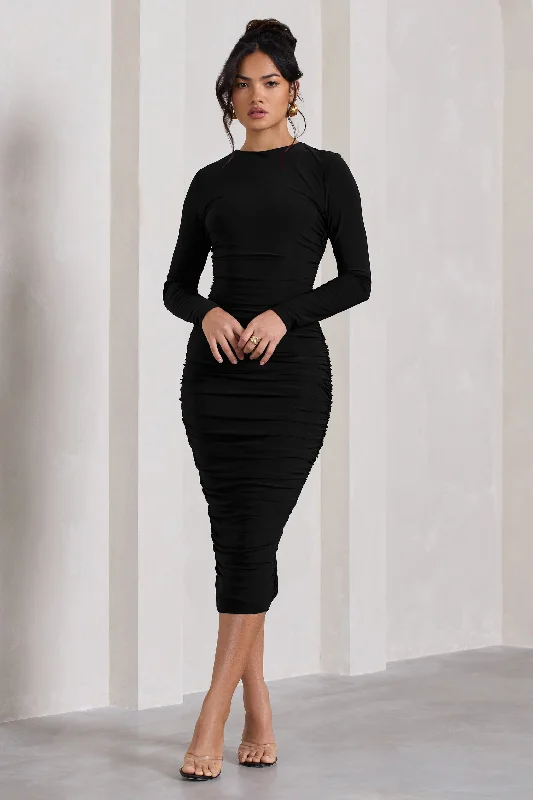 Halter Neck Women Dress to Show Off the Shoulders and NecklineEmilie | Black Ruched Long-Sleeve Midi Dress Halter Neck Women Dress to Show Off the Shoulders and NecklineEmilie | Black Ruched Long-Sleeve Midi Dress