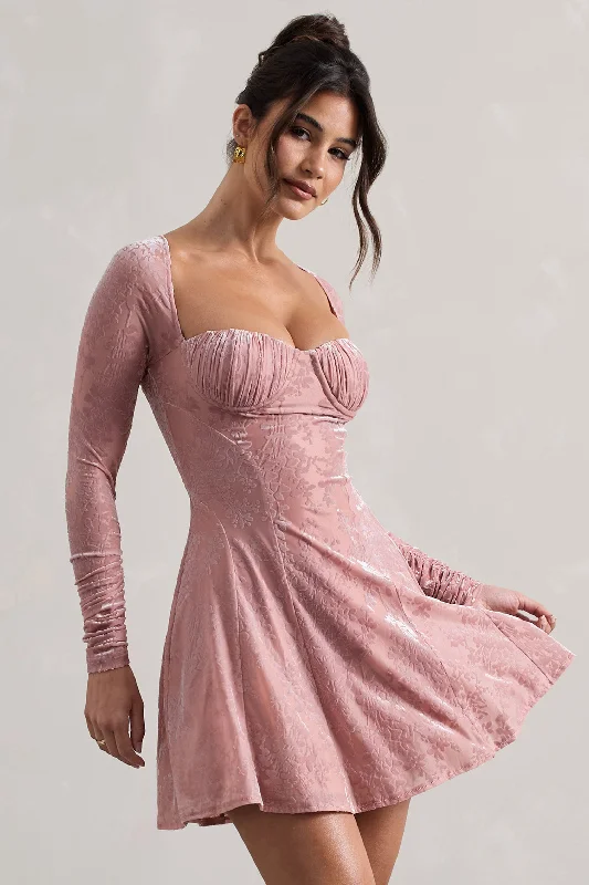 Off - the - Shoulder Women Dress for a Romantic and Feminine LookEvangelina | Pink Long-Sleeve Skater Mini Dress Off - the - Shoulder Women Dress for a Romantic and Feminine LookEvangelina | Pink Long-Sleeve Skater Mini Dress