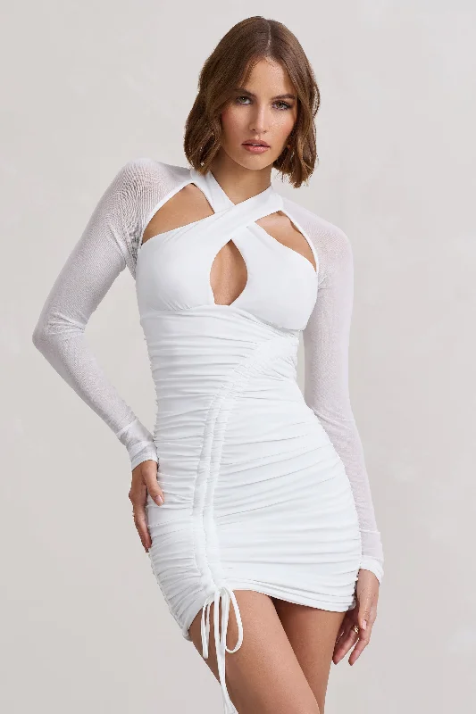 Mini Women Dress with a Short Hem for a Young and Trendy StyleEyes On You | White Long Sleeve Halter Neck Mini Dress Mini Women Dress with a Short Hem for a Young and Trendy StyleEyes On You | White Long Sleeve Halter Neck Mini Dress