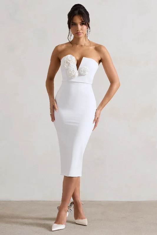 Pleated Women Dress with a Timeless and Elegant TextureFanciful | White Bodycon V-Neck Midi Dress With Flowers Pleated Women Dress with a Timeless and Elegant TextureFanciful | White Bodycon V-Neck Midi Dress With Flowers