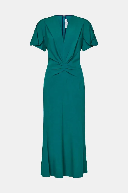 Sheath Women Dress with a Tailored Fit for a Professional LookGathered V-Neck Midi Dress in Petroleum Sheath Women Dress with a Tailored Fit for a Professional LookGathered V-Neck Midi Dress in Petroleum