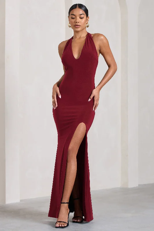 Ruffled Women Dress with Multiple Layers for a Playful and Girly StyleGlamour | Berry Backless V Plunge Halter Neck Maxi Dress With Side Split Ruffled Women Dress with Multiple Layers for a Playful and Girly StyleGlamour | Berry Backless V Plunge Halter Neck Maxi Dress With Side Split