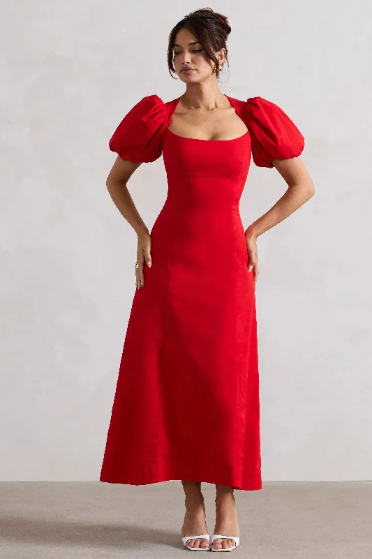 Maxi Women Dress with Floral Print for a Bohemian VibeHacienda | Red Poplin Puff-Sleeve Maxi Dress Maxi Women Dress with Floral Print for a Bohemian VibeHacienda | Red Poplin Puff-Sleeve Maxi Dress
