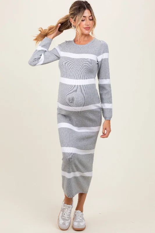 Mock Neck Women's Angora Blend Sweater Dresses in Solid ColorsHeather Grey Striped Knit Long Sleeve Maternity Midi Sweater Dress Mock Neck Women's Angora Blend Sweater Dresses in Solid ColorsHeather Grey Striped Knit Long Sleeve Maternity Midi Sweater Dress