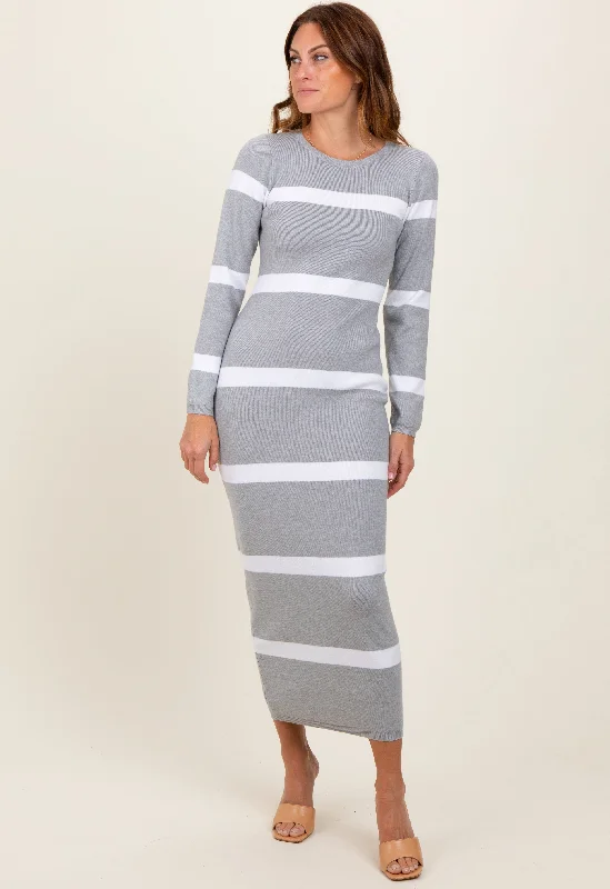 A - Line Women's Merino Wool Sweater Dresses in Classic StylesHeather Grey Striped Knit Long Sleeve Midi Sweater Dress A - Line Women's Merino Wool Sweater Dresses in Classic StylesHeather Grey Striped Knit Long Sleeve Midi Sweater Dress