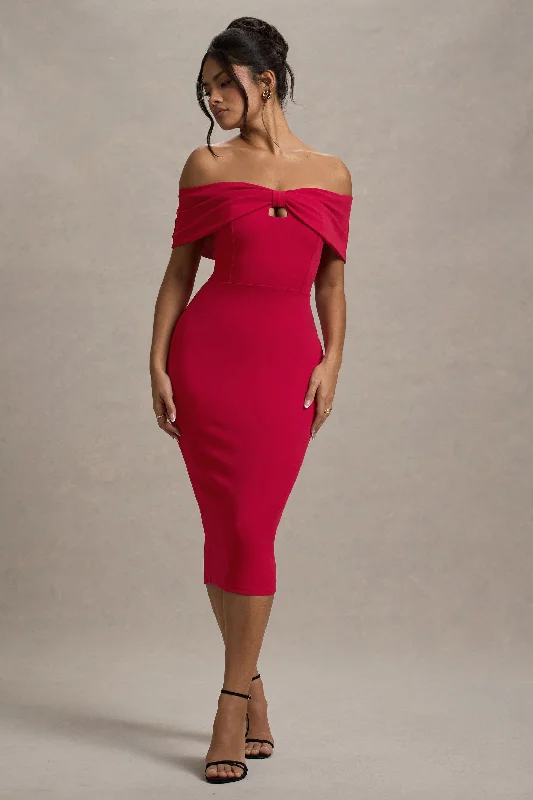 Plus Size Women Dress with a Flattering A - Line Cut for Comfort and StyleHope | Red Bow Bardot Midi Dress Plus Size Women Dress with a Flattering A - Line Cut for Comfort and StyleHope | Red Bow Bardot Midi Dress