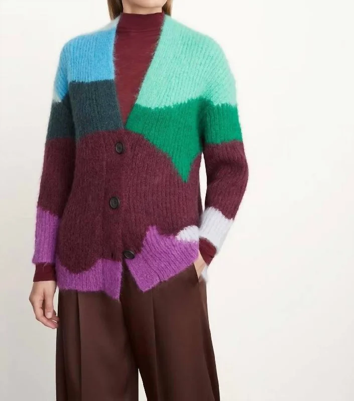 Knee - Length Women's Wool Blend Sweater Dresses in Neutral ColorsIntarsia Wave Cardigan In Plum Night Combo Knee - Length Women's Wool Blend Sweater Dresses in Neutral ColorsIntarsia Wave Cardigan In Plum Night Combo