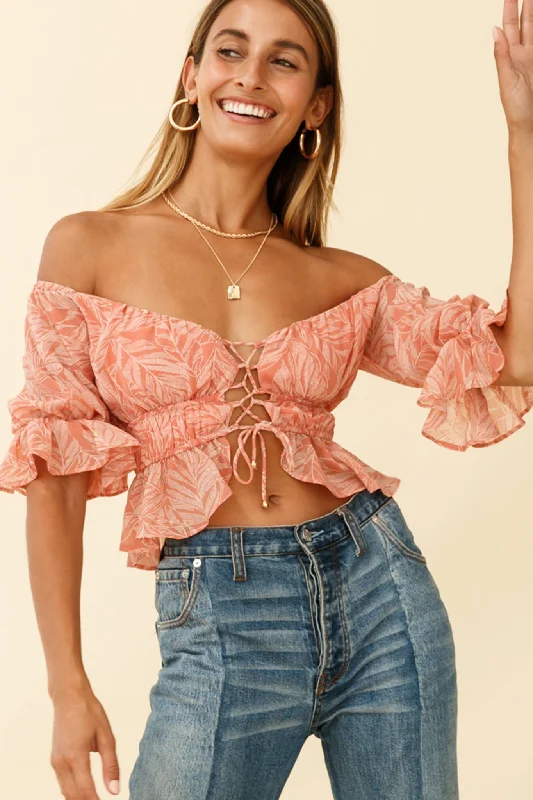 Ball Gown Women Dress with a Full Skirt for a Princess - like LookJosephina Off-Shoulder Lace-Up Front Crop Top Palm Print Pink Ball Gown Women Dress with a Full Skirt for a Princess - like LookJosephina Off-Shoulder Lace-Up Front Crop Top Palm Print Pink