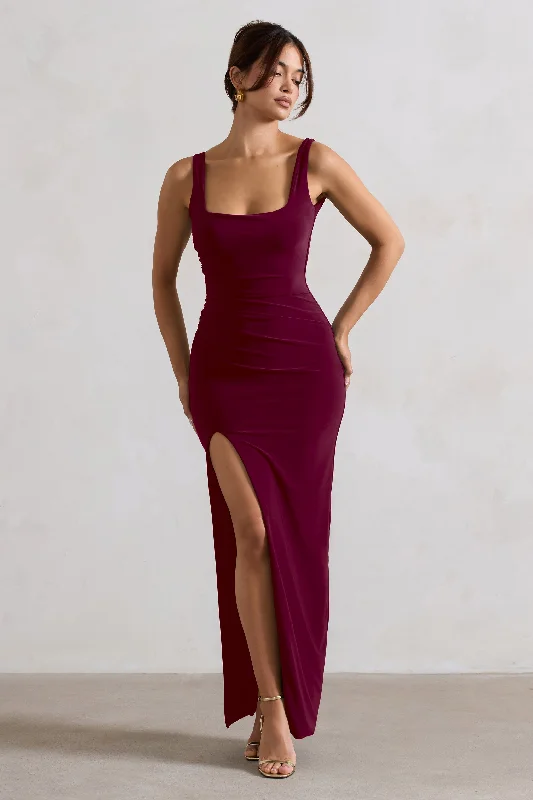 Sleeveless Women Dress in Bright Colors for Summer PartiesKate | Berry Square Neck Maxi Dress with Plunge Back and Side Thigh Split Sleeveless Women Dress in Bright Colors for Summer PartiesKate | Berry Square Neck Maxi Dress with Plunge Back and Side Thigh Split