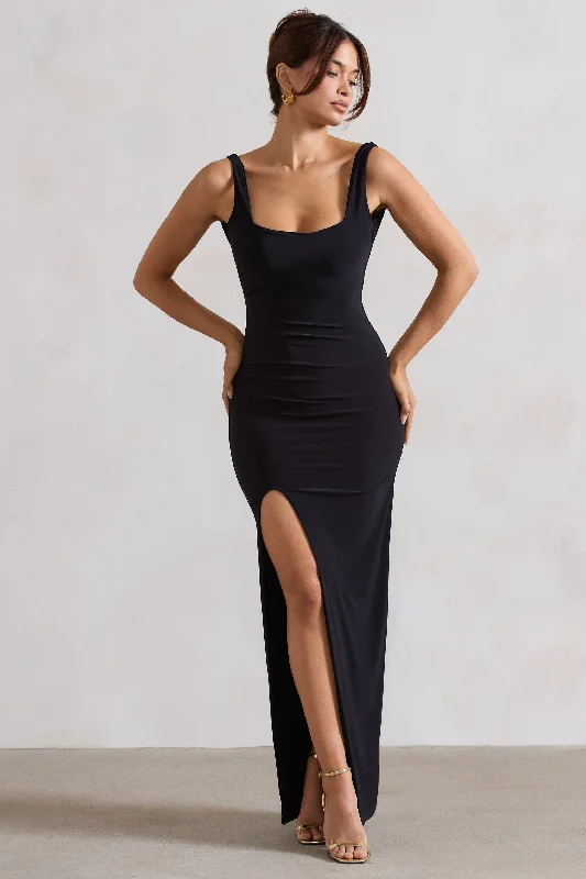Long - Sleeve Women Dress in Velvet for a Luxurious Winter LookKate | Black Square Neck Maxi Dress with Plunge Back and Side Thigh Split Long - Sleeve Women Dress in Velvet for a Luxurious Winter LookKate | Black Square Neck Maxi Dress with Plunge Back and Side Thigh Split