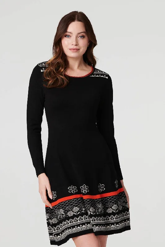 Belted Women's Cotton Blend Sweater Dresses for a Casual LookPrinted Long Sleeve Knit Dress Belted Women's Cotton Blend Sweater Dresses for a Casual LookPrinted Long Sleeve Knit Dress