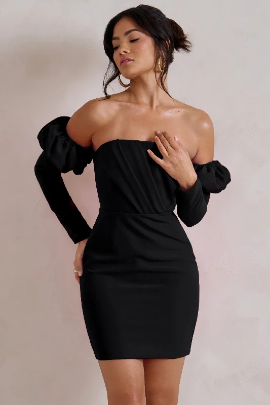 Printed Abstract Women Dress for a Modern and Artistic AppealLaurie | Black Bardot Puff Long Sleeve Mini Dress Printed Abstract Women Dress for a Modern and Artistic AppealLaurie | Black Bardot Puff Long Sleeve Mini Dress