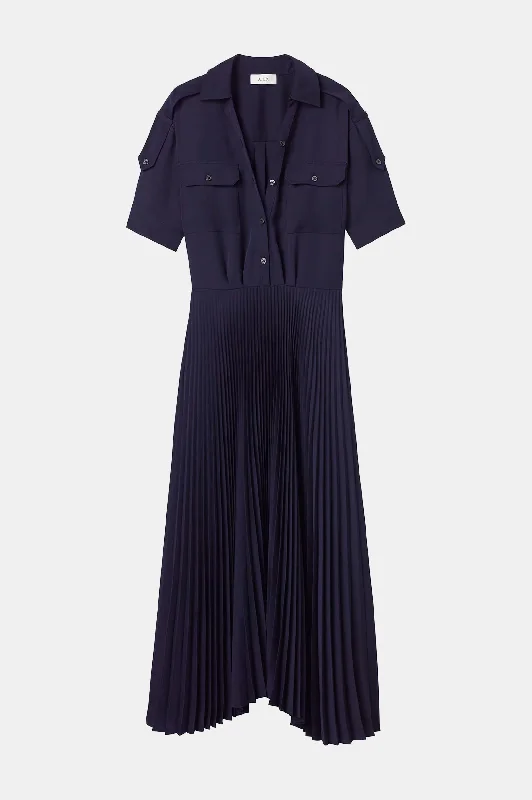 Sheath Women Dress with a Tailored Fit for a Professional LookLiam Pleated Midi Dress in Navy Sheath Women Dress with a Tailored Fit for a Professional LookLiam Pleated Midi Dress in Navy