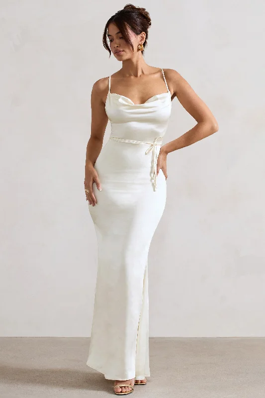 Sleeveless Women Dress in Bright Colors for Summer PartiesLifetime | Ivory Satin Cowl Neck Maxi Dress With Cross Back Detail Sleeveless Women Dress in Bright Colors for Summer PartiesLifetime | Ivory Satin Cowl Neck Maxi Dress With Cross Back Detail
