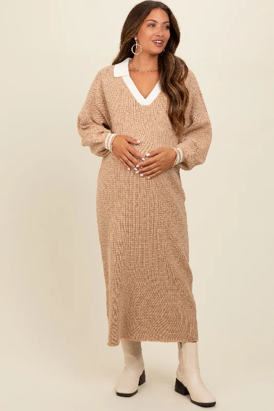 Plus Size Women's Fit - and - Flare Sweater Dresses with Ruffled HemLight Taupe Waffle Knit Polo Sweater Dress Plus Size Women's Fit - and - Flare Sweater Dresses with Ruffled HemLight Taupe Waffle Knit Polo Sweater Dress