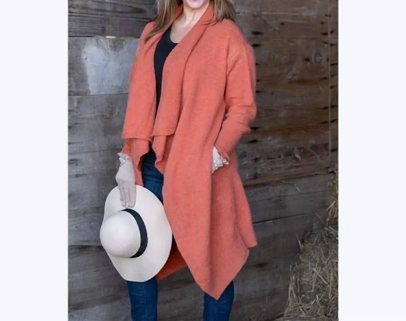Plus Size Women's Fit - and - Flare Sweater Dresses with Ruffled HemLong Open Front Cardigan In Coral Orange Rust Plus Size Women's Fit - and - Flare Sweater Dresses with Ruffled HemLong Open Front Cardigan In Coral Orange Rust