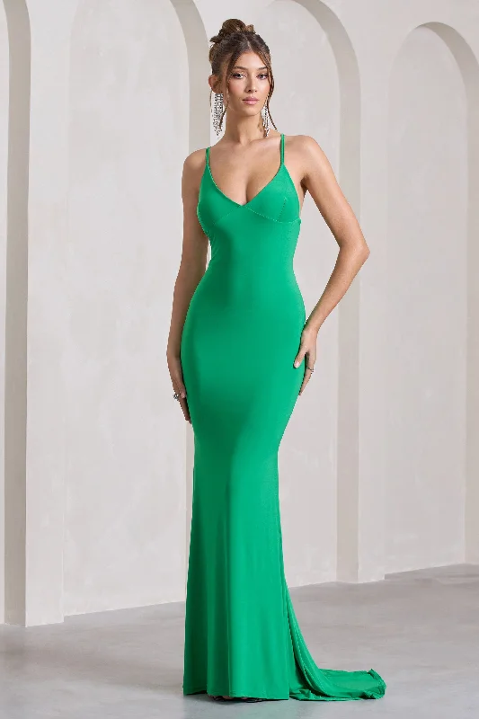 Mermaid - Style Women Dress with a Fitted Silhouette for Special OccasionsLucky Number | Green Cross Back Fishtail Maxi Dress Mermaid - Style Women Dress with a Fitted Silhouette for Special OccasionsLucky Number | Green Cross Back Fishtail Maxi Dress