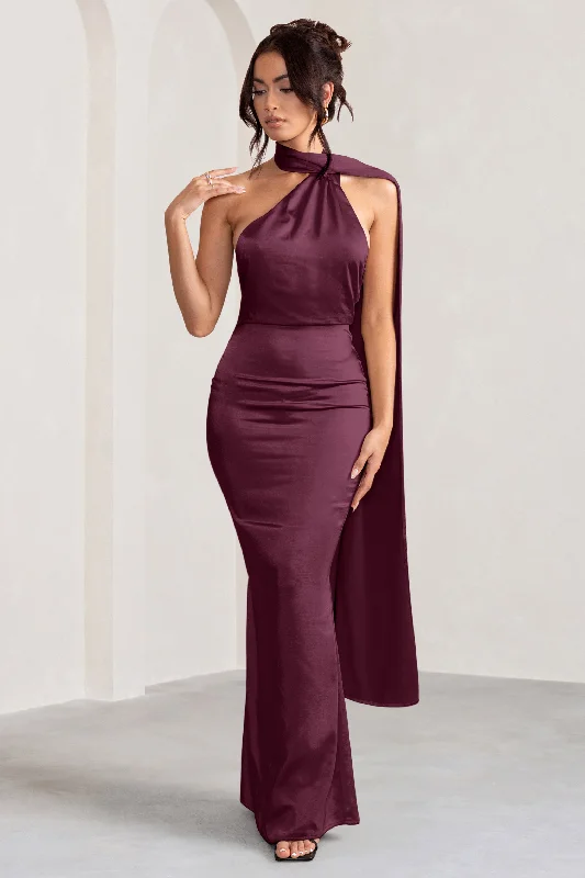 Wrap - Style Women Dress with Adjustable Fit for All Body TypesMademoiselle | Burgundy Satin Asymmetric Scarf Neck Backless Maxi Dress Wrap - Style Women Dress with Adjustable Fit for All Body TypesMademoiselle | Burgundy Satin Asymmetric Scarf Neck Backless Maxi Dress