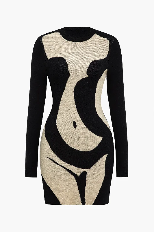 Knee - Length Women's Wool Blend Sweater Dresses in Neutral ColorsContrast Sweater Dress Knee - Length Women's Wool Blend Sweater Dresses in Neutral ColorsContrast Sweater Dress