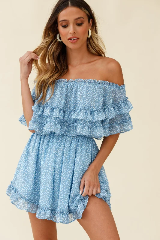 Mermaid - Style Women Dress with a Fitted Silhouette for Special OccasionsMeet Me At Sunset Bardot Neckline Frill Trim Dress Speckle Print Blue Mermaid - Style Women Dress with a Fitted Silhouette for Special OccasionsMeet Me At Sunset Bardot Neckline Frill Trim Dress Speckle Print Blue