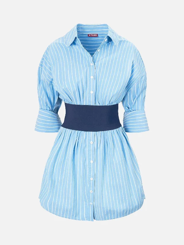 Ruffled Women Dress with Multiple Layers for a Playful and Girly StyleMichelle Dress in Azure Pinstripe Ruffled Women Dress with Multiple Layers for a Playful and Girly StyleMichelle Dress in Azure Pinstripe