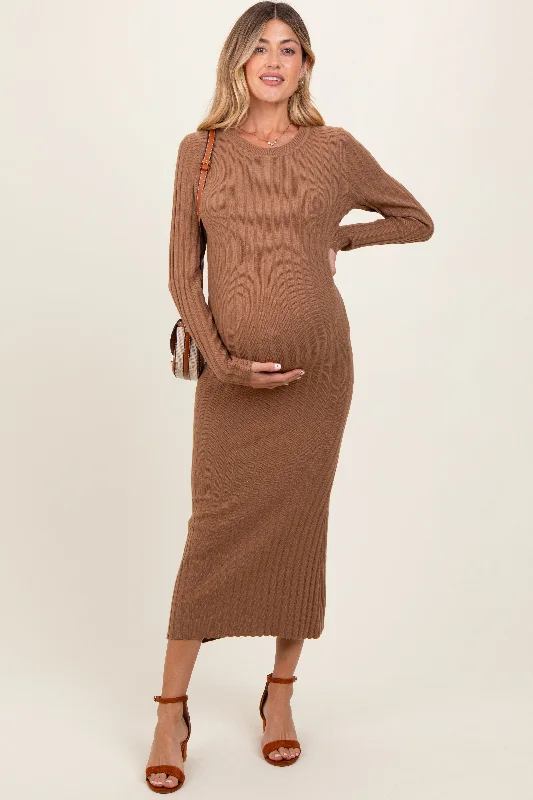 Midi - Length Women's Shetland Wool Sweater Dresses in Traditional PatternsMocha Ribbed Knit Fitted Maternity Midi Sweater Dress Midi - Length Women's Shetland Wool Sweater Dresses in Traditional PatternsMocha Ribbed Knit Fitted Maternity Midi Sweater Dress