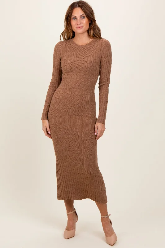 Plus Size Women's Fit - and - Flare Sweater Dresses with Ruffled HemMocha Ribbed Knit Fitted Midi Sweater Dress Plus Size Women's Fit - and - Flare Sweater Dresses with Ruffled HemMocha Ribbed Knit Fitted Midi Sweater Dress