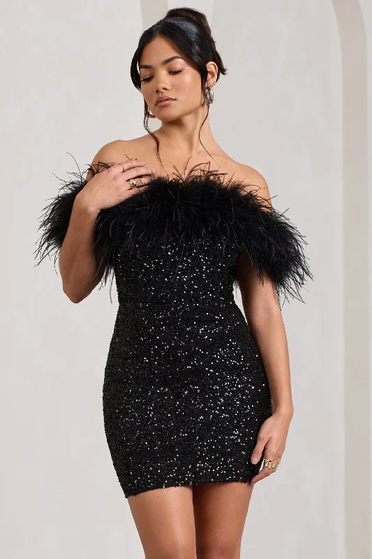 Plus Size Women Dress with a Flattering A - Line Cut for Comfort and StyleNew Money | Black Bodycon Sequin Mini Dress With Feather Trim Plus Size Women Dress with a Flattering A - Line Cut for Comfort and StyleNew Money | Black Bodycon Sequin Mini Dress With Feather Trim