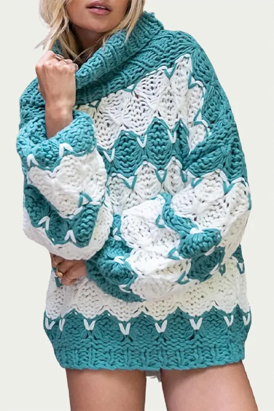 Knee - Length Women's Wool Blend Sweater Dresses in Neutral ColorsOpen-Knit Chunky Turtleneck Sweater In Ivory Teal Stripe Knee - Length Women's Wool Blend Sweater Dresses in Neutral ColorsOpen-Knit Chunky Turtleneck Sweater In Ivory Teal Stripe