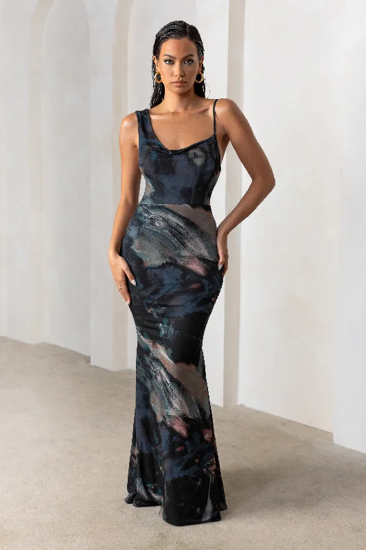 Empire Waist Women Dress to Accentuate the Bust and Conceal the WaistPhantasy | Black Abstract Print Asymmetric Neckline Cowl Maxi Dress Empire Waist Women Dress to Accentuate the Bust and Conceal the WaistPhantasy | Black Abstract Print Asymmetric Neckline Cowl Maxi Dress