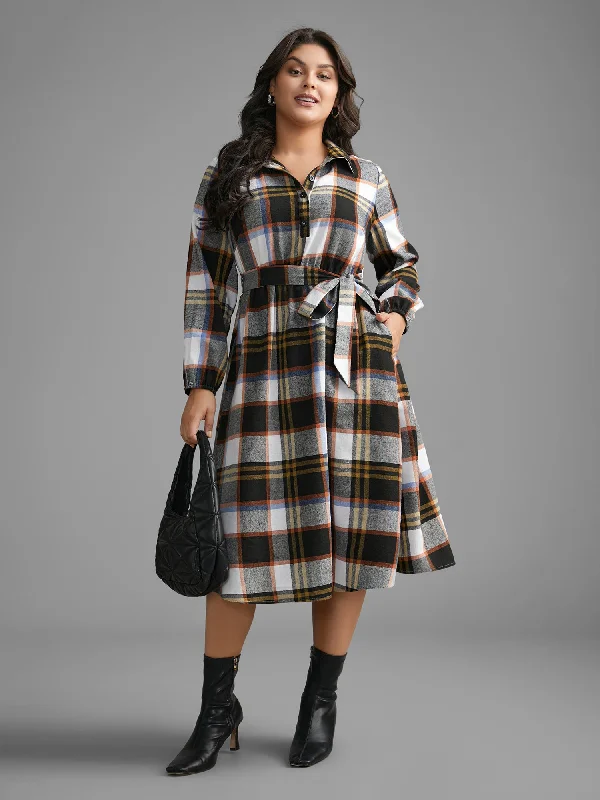 Plus Size Women's Fit - and - Flare Sweater Dresses with Ruffled HemPlaid Button Up Belted Knit Dress Plus Size Women's Fit - and - Flare Sweater Dresses with Ruffled HemPlaid Button Up Belted Knit Dress