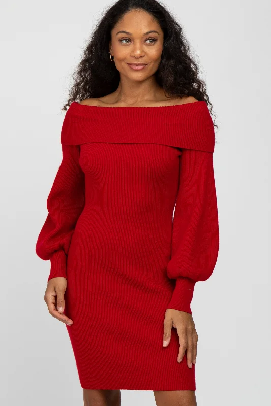 Longline Women's Mohair Sweater Dresses in a Loose FitRed Off Shoulder Bubble Sleeve Sweater Dress Longline Women's Mohair Sweater Dresses in a Loose FitRed Off Shoulder Bubble Sleeve Sweater Dress