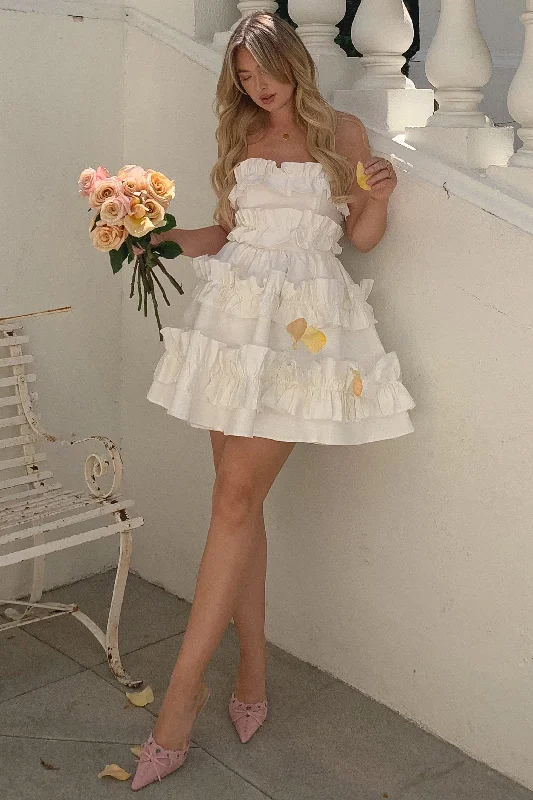 Ball Gown Women Dress with a Full Skirt for a Princess - like LookRosette | White Ruffled Bandeau Mini Dress Ball Gown Women Dress with a Full Skirt for a Princess - like LookRosette | White Ruffled Bandeau Mini Dress