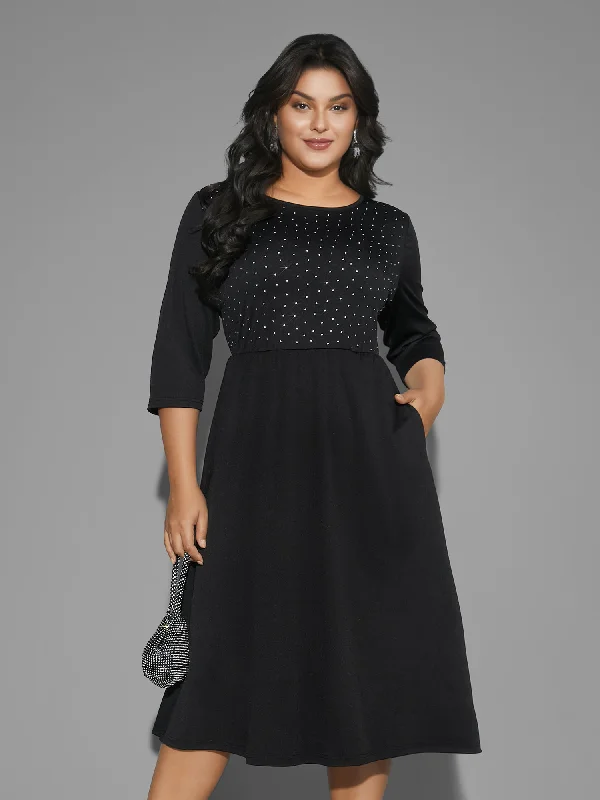 Plus Size Women's Tunic - Style Sweater Dresses with PocketsRound Neck Rhinestone Patchwork Midi Dress Plus Size Women's Tunic - Style Sweater Dresses with PocketsRound Neck Rhinestone Patchwork Midi Dress